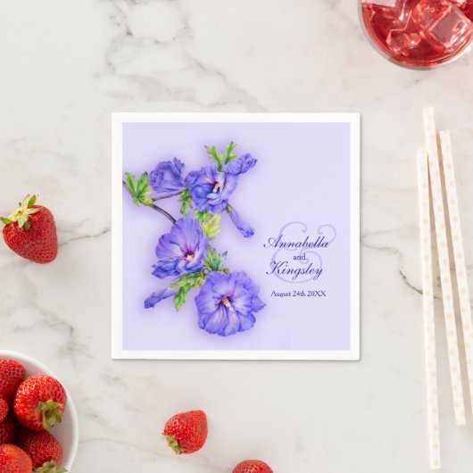 Serviette En Papier hibiscus mariage bleu violet art personnalisé (En situation)