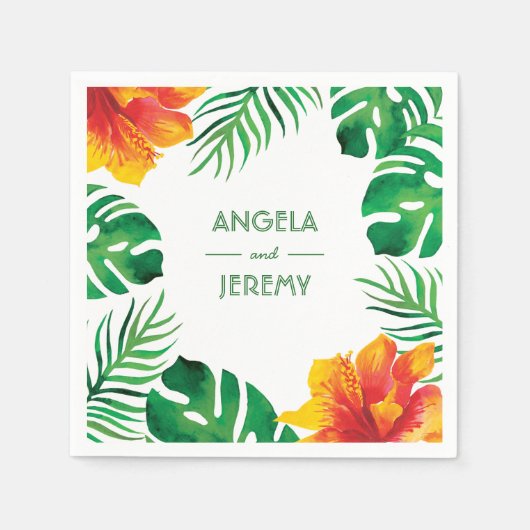 Serviette En Papier Hibiscus orange et Feuilles tropicaux Mariage 2 (Devant)