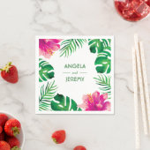Serviette En Papier Hibiscus rose et Feuille tropical Mariage 2 (En situation)