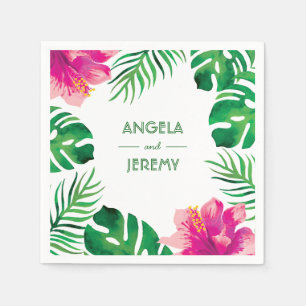 Serviette En Papier Hibiscus rose et Feuille tropical Mariage 2