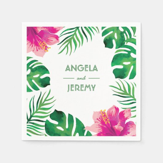 Serviette En Papier Hibiscus rose et Feuille tropical Mariage 2 (Devant)