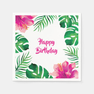 Serviette En Papier Hibiscus rose et Feuilles tropicaux 2 fêtes
