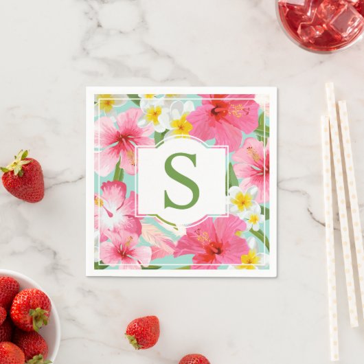 Serviette En Papier Hibiscus rose tropical Monogramme (En situation)