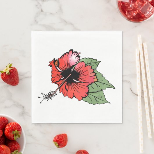 Serviette En Papier Hibiscus rouge tropical avec Feuilles verts (En situation)