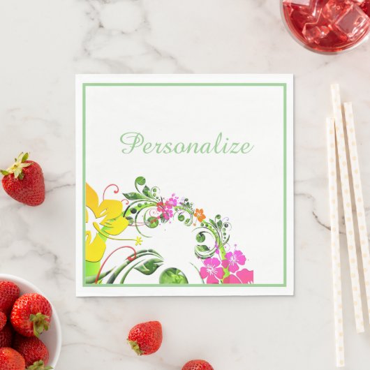 Serviette En Papier Hibiscus tropical vert rose jaune blanc (En situation)