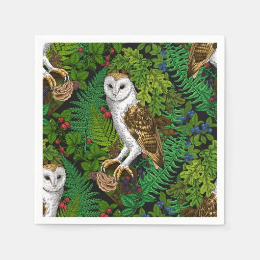 Serviette En Papier Hiboux, fougères, chêne et baies (Devant)