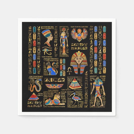 Serviette En Papier Hiéroglyphes et divinités égyptiennes sur le noir (Devant)