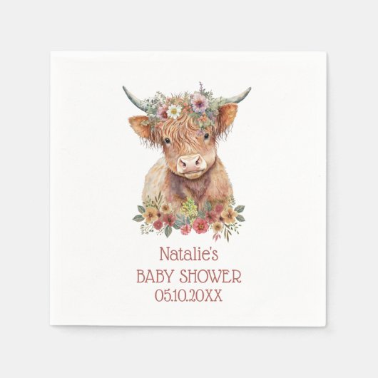 Serviette En Papier Highland Cow aquarelle Baby shower Design mignon (Devant)