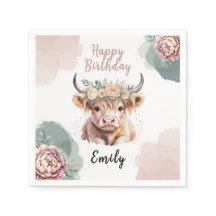 Highland Cow Birthday Napkins Girl Boho Farm Party