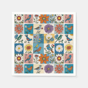 Serviette En Papier Hippie Folk Art Patchwork Floral Avec Oiseaux
