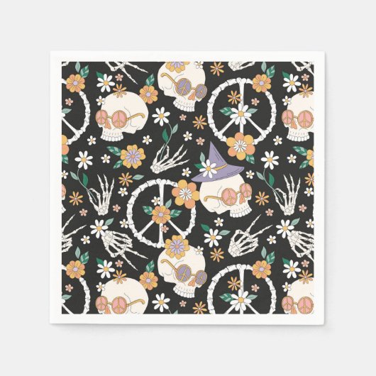 Serviette En Papier Hippie Halloween Skulls et Fleurs Motif (Devant)