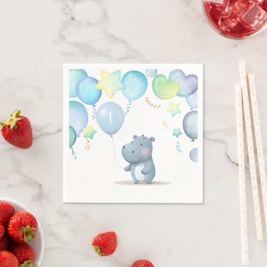 Serviette En Papier Hippo Anniversaire bleu doux (En situation)