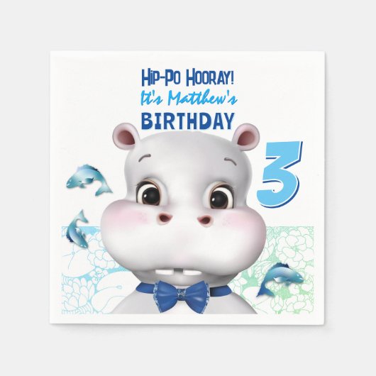 Serviette En Papier Hippo Blue Fish Boy Anniversaire (Devant)
