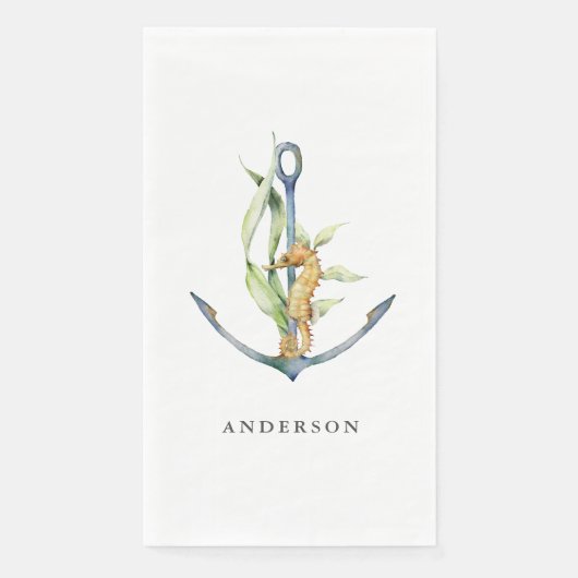 Serviette En Papier Hippocampe d'aquarelle et Ancre nautique avec nom (Devant)