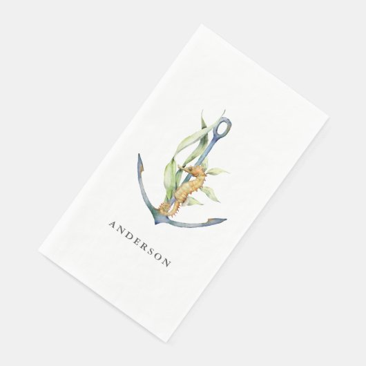 Serviette En Papier Hippocampe d'aquarelle et Ancre nautique avec nom (Coin)