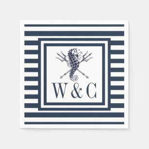 Serviette En Papier Hippocampe de monogramme nautique rayure bleu mari