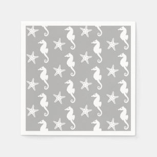Serviette En Papier Hippocampe et étoile de mer - blanc sur gris argen