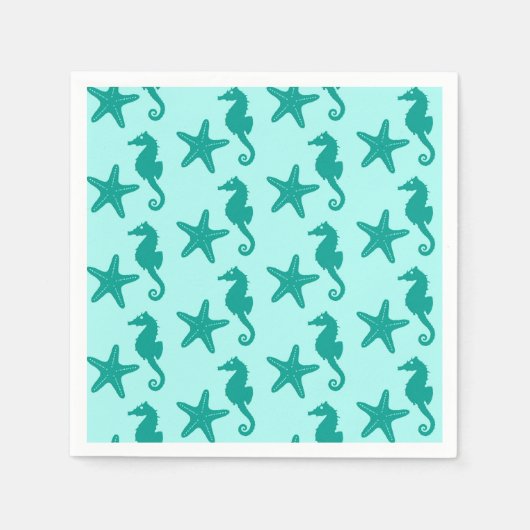 Serviette En Papier Hippocampe et poisson étoile - turquoise et aqua (Devant)