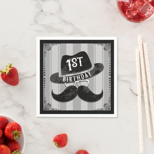Serviette En Papier Hipster M. Mustache Casquette lunettes 1er anniver (En situation)