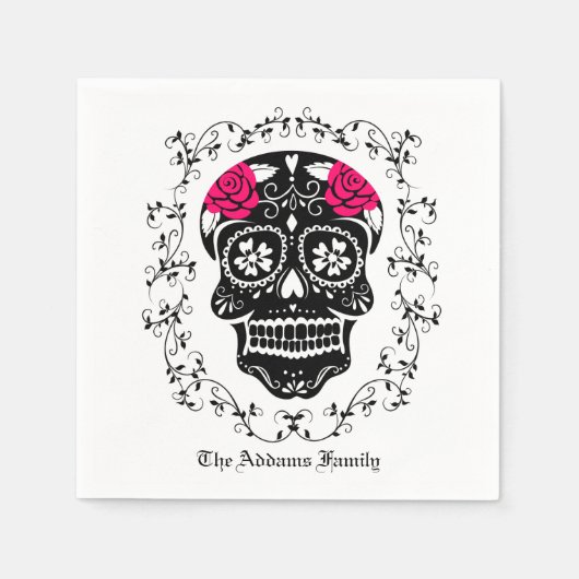 Serviette En Papier Hipster personnalisé Crâne à sucre noir et rose (Devant)