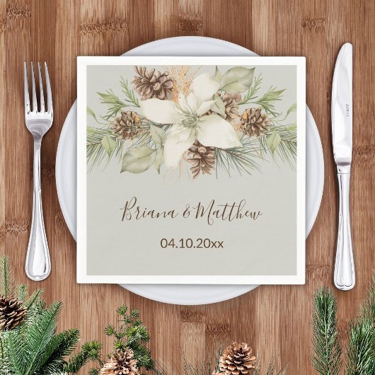Serviette En Papier Hiver Beige Elegant Mariage Script