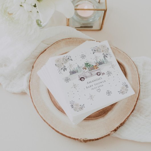 Serviette En Papier Hiver Blanc Floral Baby shower forestier