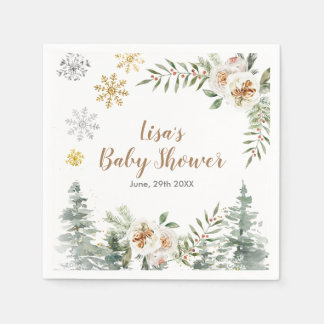 Serviette En Papier Hiver Blanc Floral Pins Baby shower Napkin