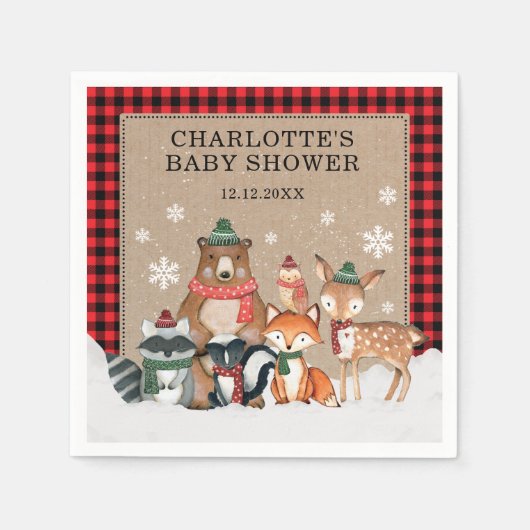 Serviette En Papier Hiver Bois Animaux Baby shower 1er anniversaire (Devant)