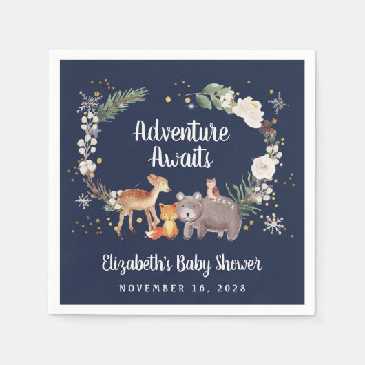 Serviette En Papier Hiver Bois Animaux Baby shower bleu (Devant)