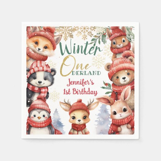 Serviette En Papier Hiver ONE derland Animaux Noël 1er anniversaire (Devant)
