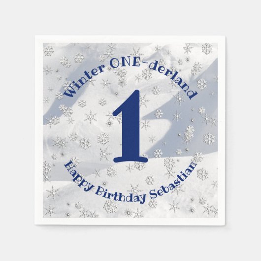 Serviette En Papier Hiver ONE derland Blue Premier Anniversaire Snowfl (Devant)