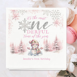 Serviette En Papier Hiver ONE derland Fille rose Noël 1er anniversaire