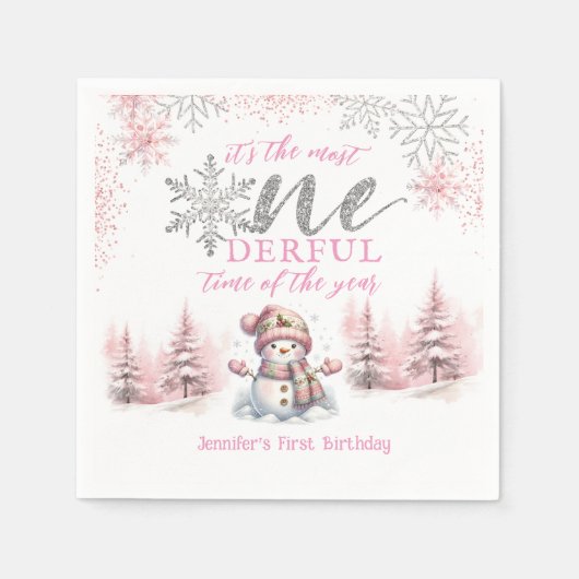 Serviette En Papier Hiver ONE derland Fille rose Noël 1er anniversaire (Devant)