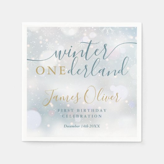 Serviette En Papier Hiver Onederland 1er anniversaire Bleu et or (Devant)