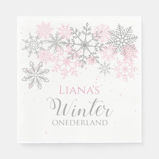 Serviette En Papier Hiver Onederland Argent et Napkin rose (Devant)