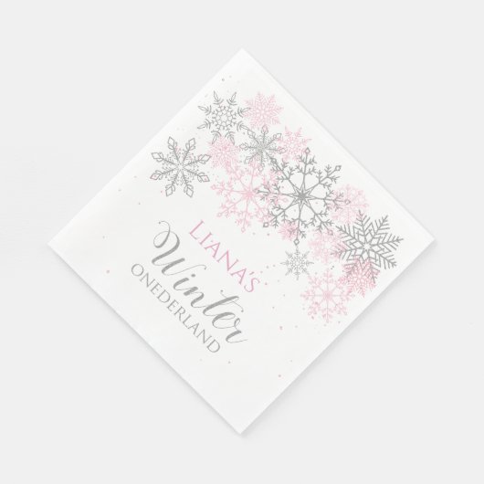 Serviette En Papier Hiver Onederland Argent et Napkin rose (Coin)