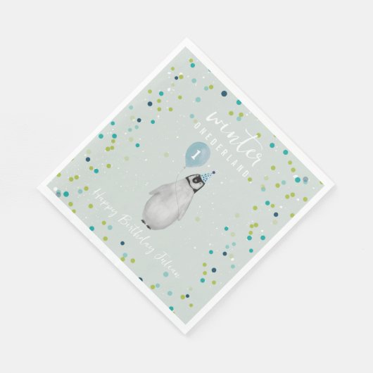 Serviette En Papier Hiver Onederland Bleu Anniversaire Balloon Penguin (Coin)