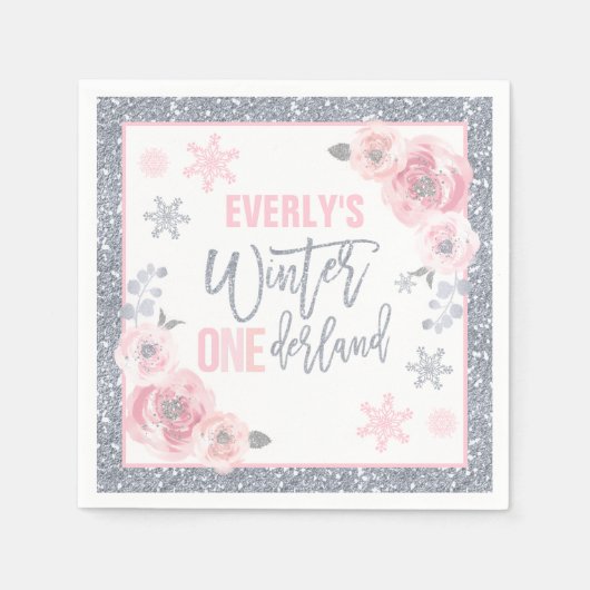 Serviette En Papier Hiver ONEderland Pink and Silver Birthday Party (Devant)