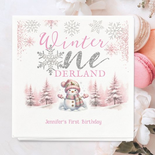Serviette En Papier Hiver Onederland Pink Silver Parties scintillant 1