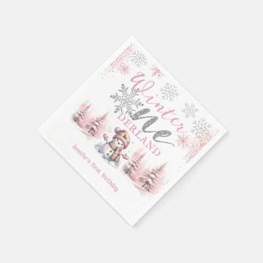 Serviette En Papier Hiver Onederland Pink Silver Parties scintillant 1 (Coin)