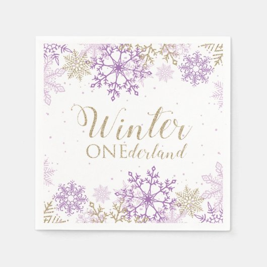 Serviette En Papier Hiver Onederland Purple et Gold Snowflake (Devant)