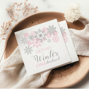 Serviette En Papier Hiver Onederland Silver and Pink Snowflake