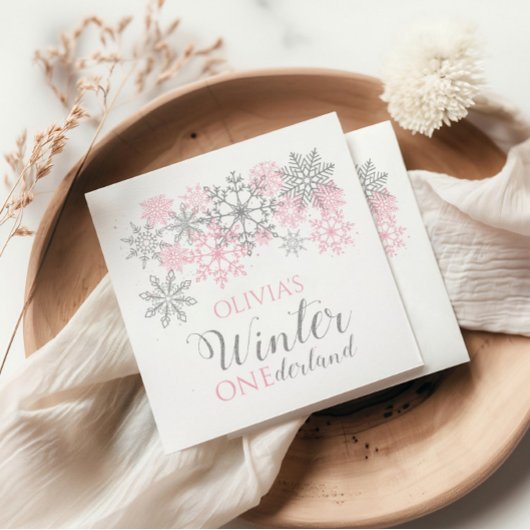 Serviette En Papier Hiver Onederland Silver and Pink Snowflake