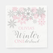 Serviette En Papier Hiver Onederland Silver and Pink Snowflake (Devant)