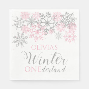 Serviette En Papier Hiver Onederland Silver and Pink Snowflake