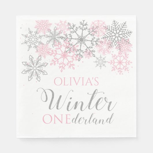 Serviette En Papier Hiver Onederland Silver and Pink Snowflake (Devant)
