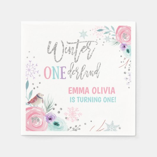 Serviette En Papier Hiver ONEderland Silver rose floral flocon de neig (Devant)