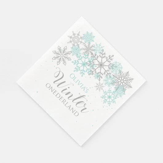 Serviette En Papier Hiver Onederland Turquoise Argent Premier annivers (Coin)