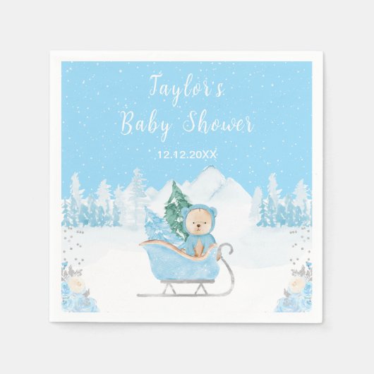 Serviette En Papier Hiver Ours Bleu Baby shower couleigh (Devant)