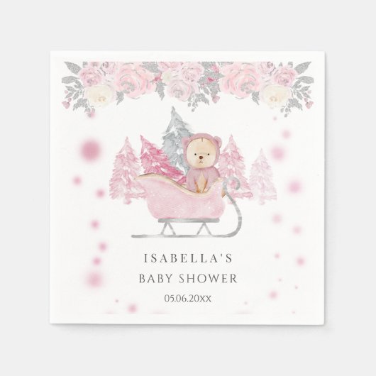 Serviette En Papier Hiver Rose Teddy Bear Sleigh Girl Baby shower (Devant)